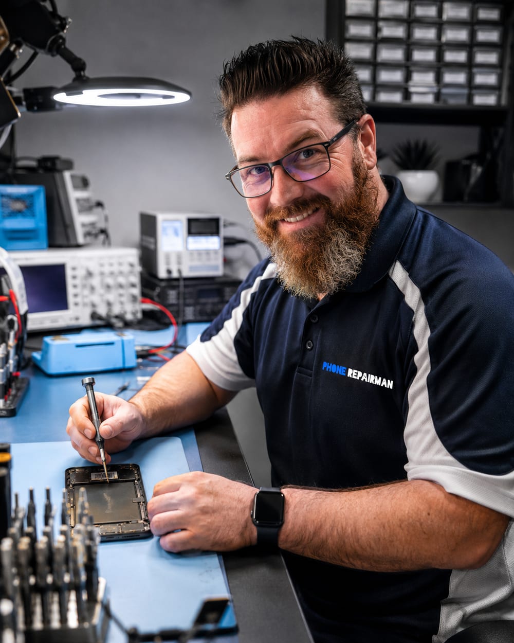 Tim at the phone-repair bench