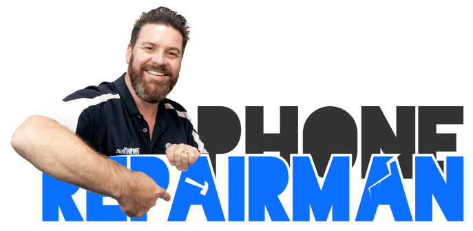 Tim Ray, owner of Phone Repairman, in front of the wordmark
